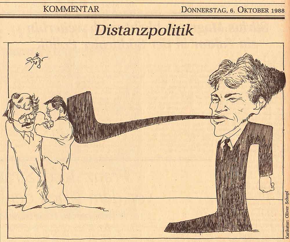 wir sind urgestein standard start up crew 1988 nullnummer 004 oktober 1988 karikatur von oliver schopf karikaturist der standard süddeutsch zeitung nebelspalter das thema dieser karikatur war jörg haider übt distanzpolitik per überlanger pfeife