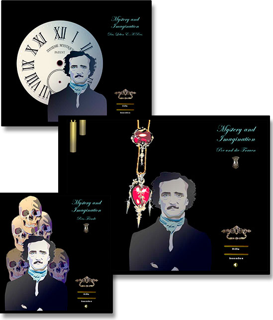 Brigitta Bernart-Skarek Graphikdesignerin Webdesign web design  für das diplom an der sae 2005 edutainmentanwendung zum thema leben und werk des amerikanischen dichters edgar allan poe mit dem Titel Mystery and Imagination